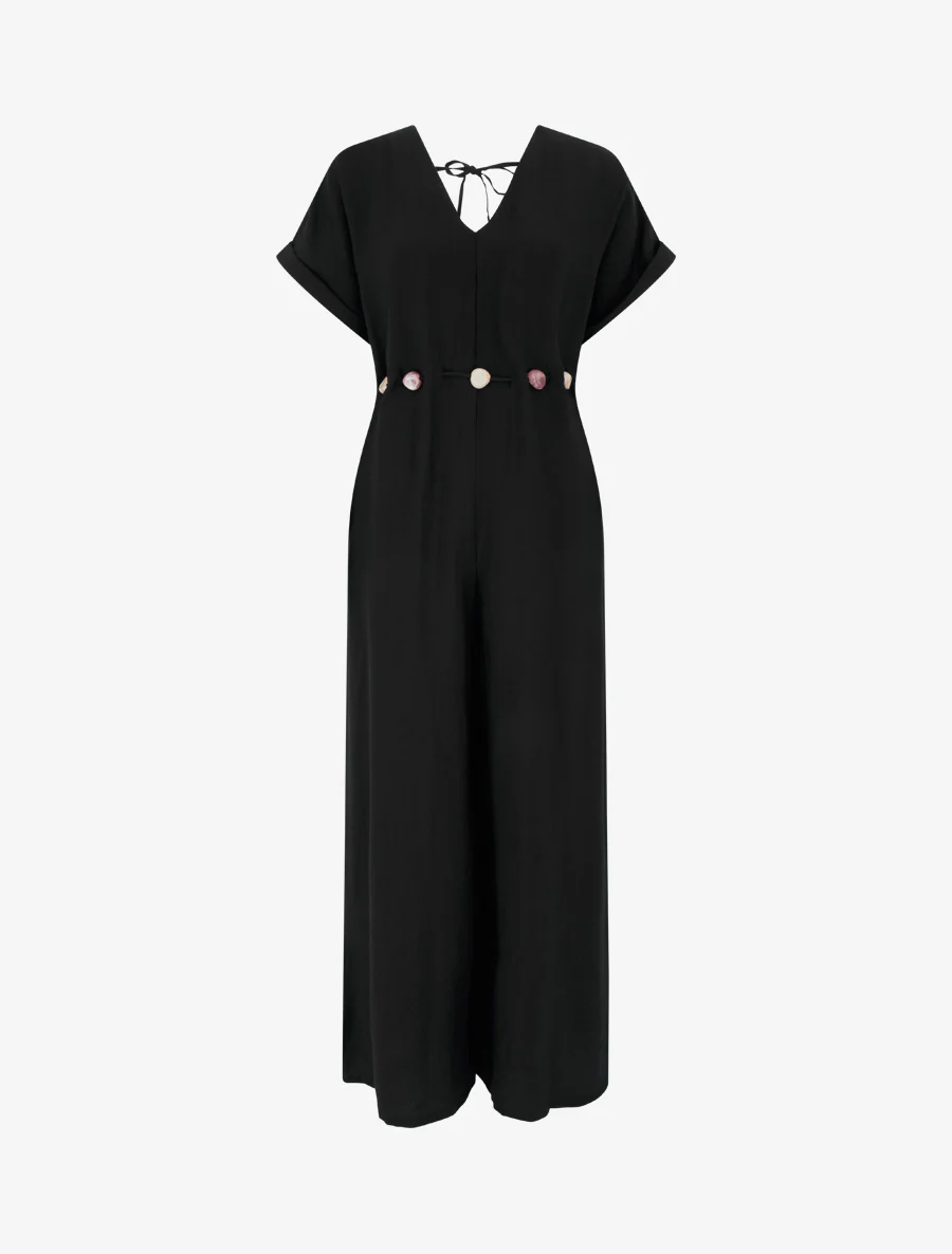 Ruime jumpsuit met korte mouwen en een met parels versierde riem - Zwart