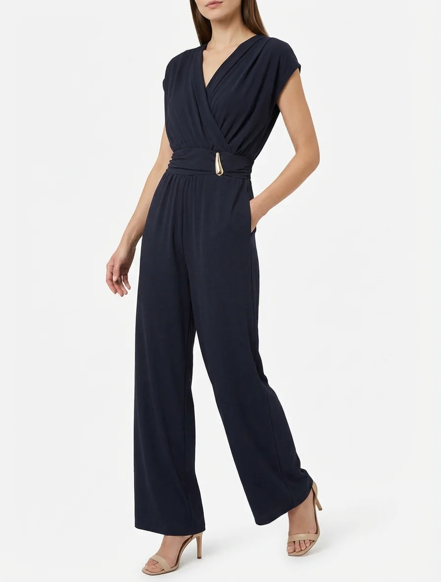 Ruime jumpsuit met wikkeloverslag en draperend effect - Marine - Image 4