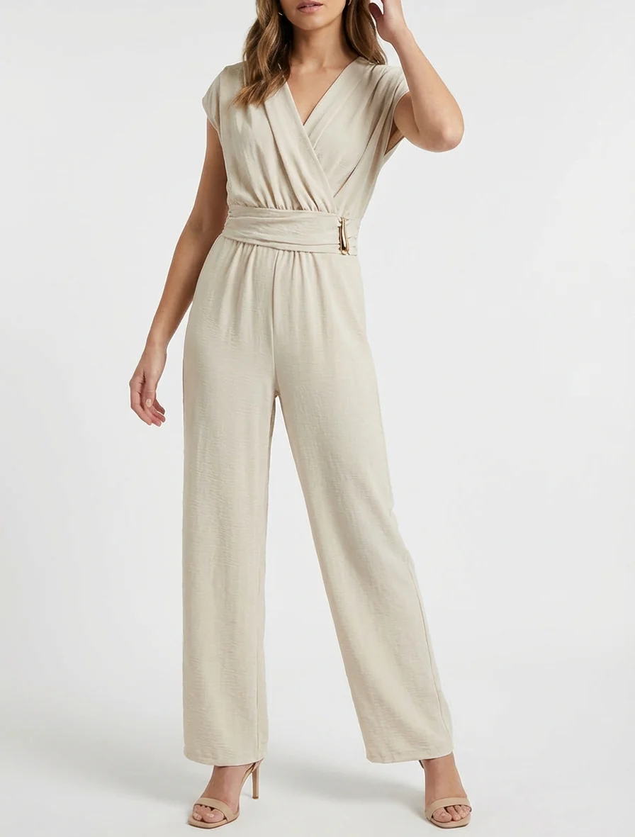 Ruime jumpsuit met wikkeloverslag en draperend effect - Beige - Image 4
