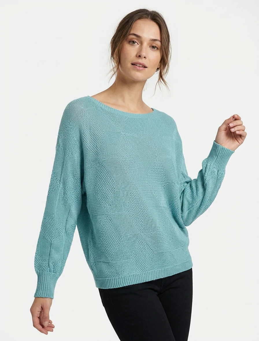 Ruime trui met ruitpatroon - Blauw lagune - Image 4