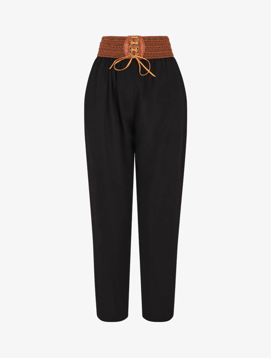 Ruimvallende broek met hoge taille in korsetstijl - zwart