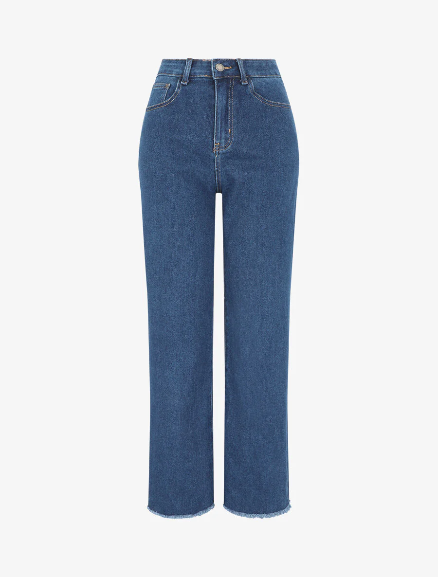 Ruimvallende jeans met hoge taille en gerafelde randen - blauw