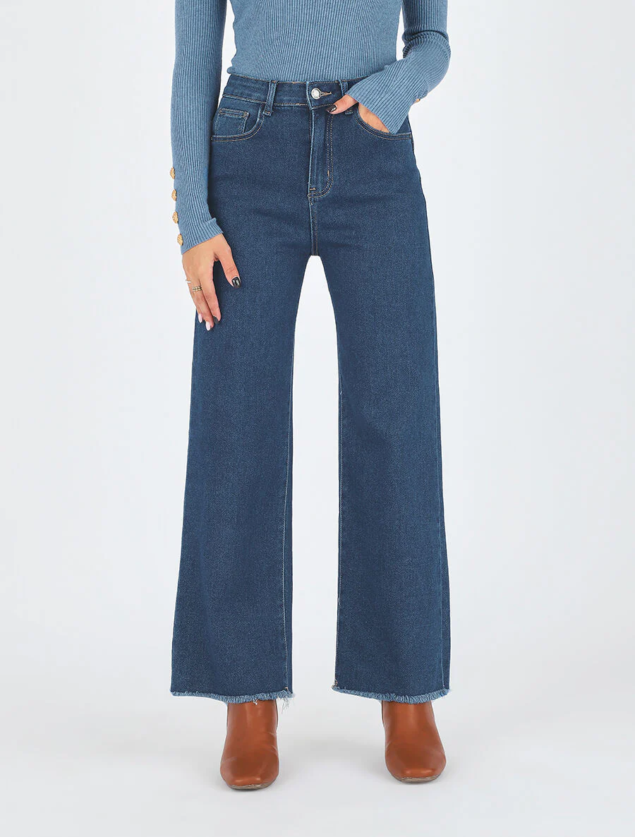 Ruimvallende jeans met hoge taille en gerafelde randen - blauw - Image 4