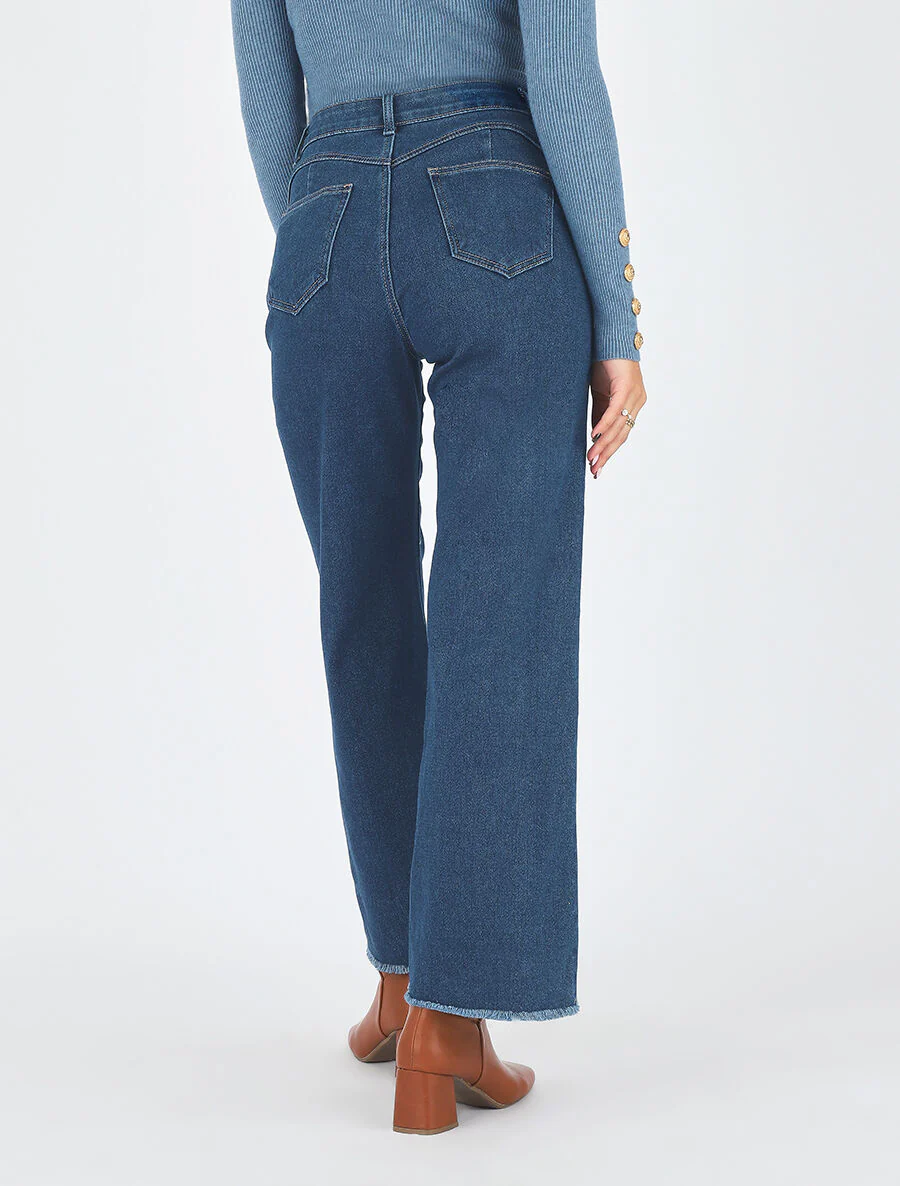 Ruimvallende jeans met hoge taille en gerafelde randen - blauw - Image 5