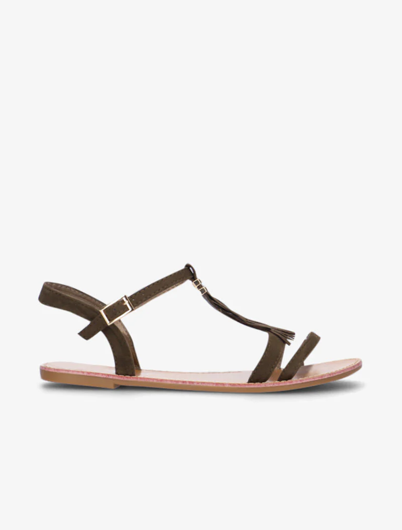 Sandalen met een T-bandje en franjes - donkergroen