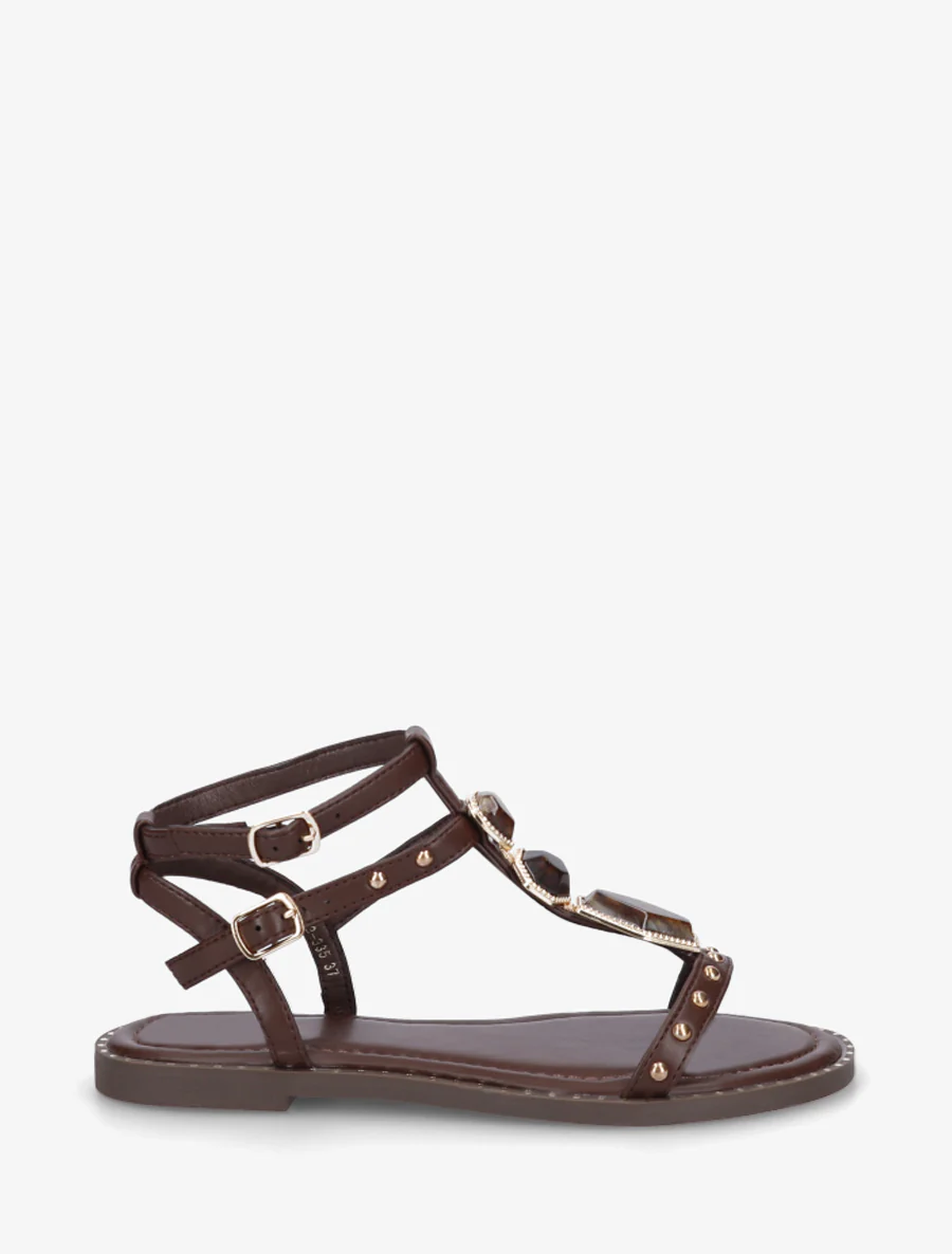 Sandalen van imitatieleer met stenen inzetstukken - Bruin