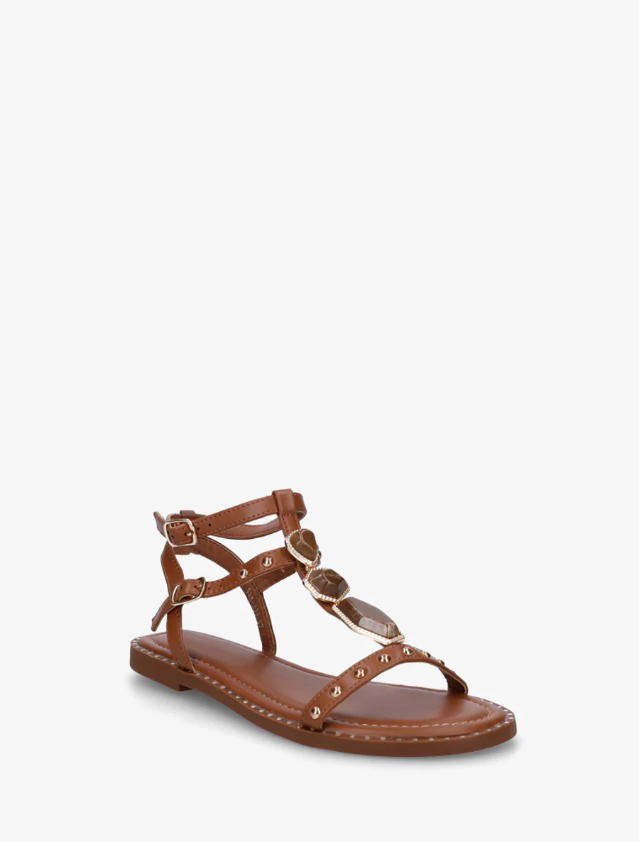 Sandalen van imitatieleer met stenen inzetstukken - Kameel - Image 2