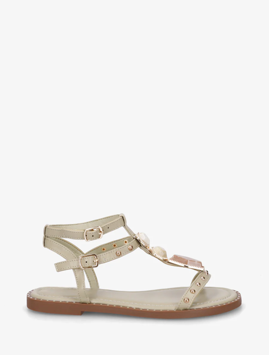Sandalen van imitatieleer met stenen inzetstukken - Licht kaki