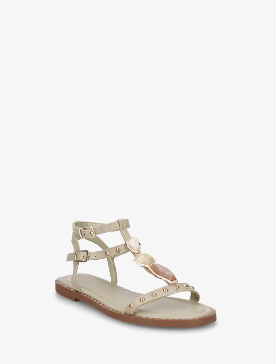 Sandalen van imitatieleer met stenen inzetstukken - Licht kaki - Image 2