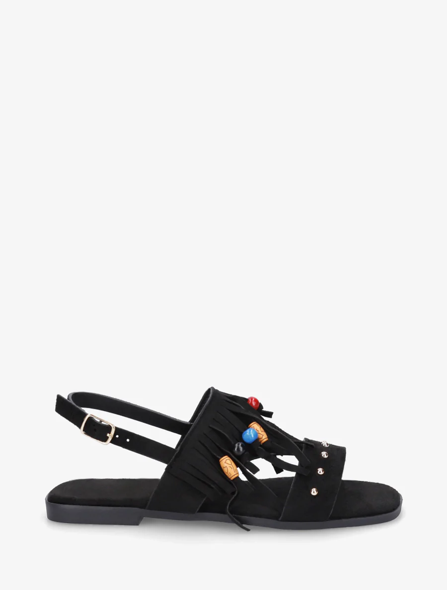 Sandalen van suèdine met franjes en houten kralen. - Zwart
