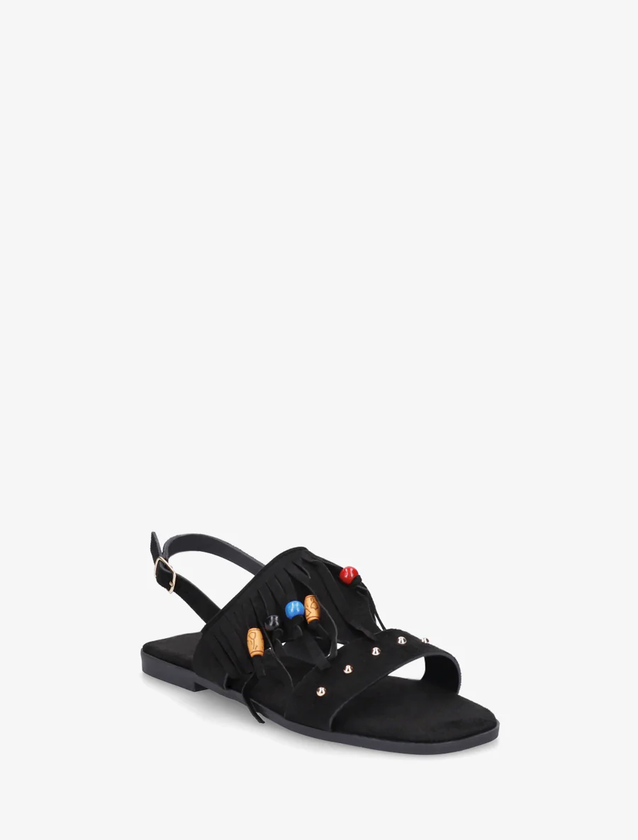 Sandalen van suèdine met franjes en houten kralen. - Zwart - Image 2