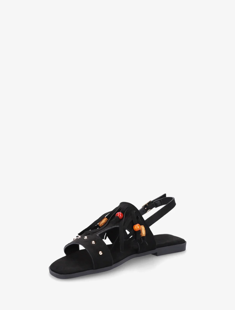 Sandalen van suèdine met franjes en houten kralen. - Zwart - Image 3