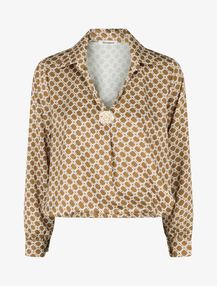 Satijnen blouse met jaren '70 print - Mosterdgeel
