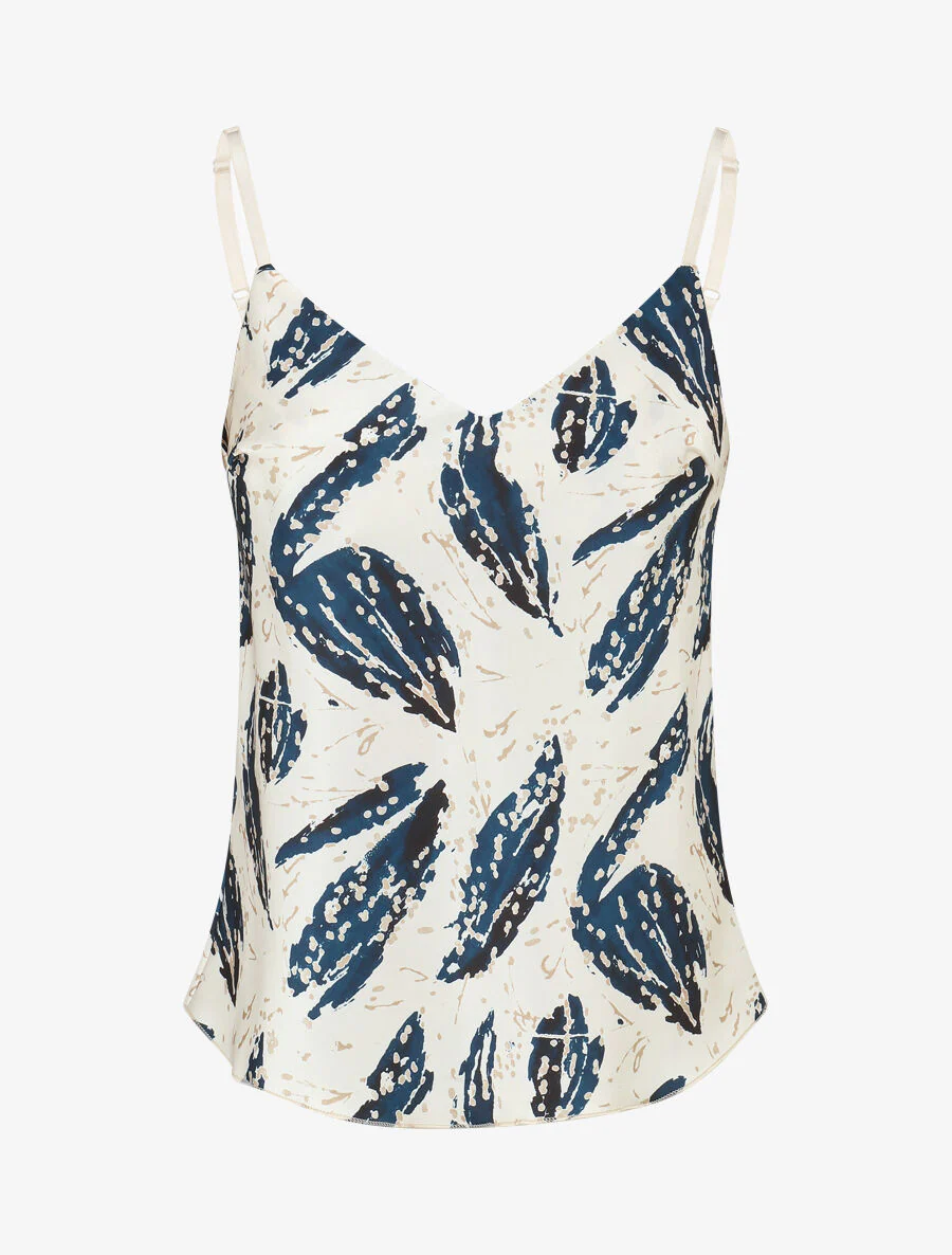 Satijnen hemdje met bladprint - Marineblauw