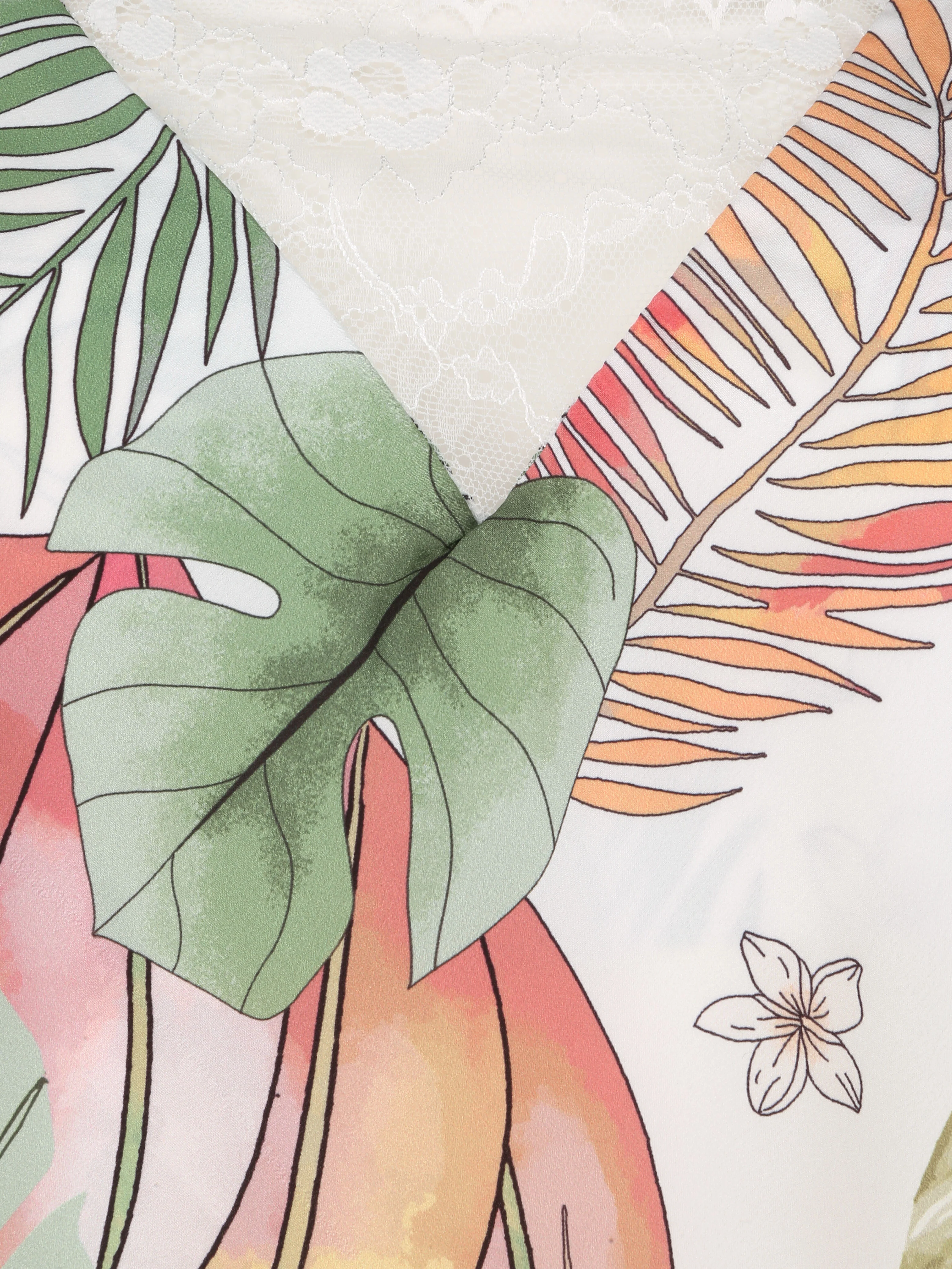 Rechte satijnen caraco met bloemenprint van de eilanden en gestileerd kant - Wit - Image 3