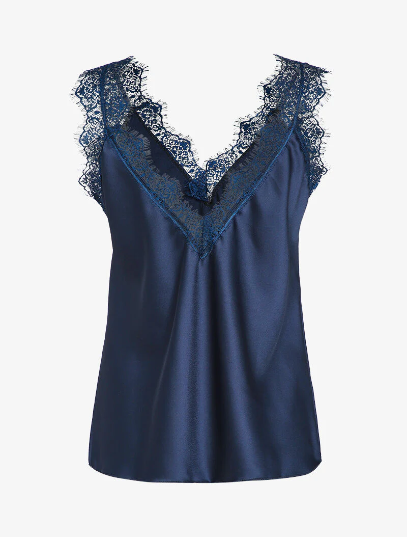 Satijnen tanktop met kanten rand - Marineblauw - Image 3