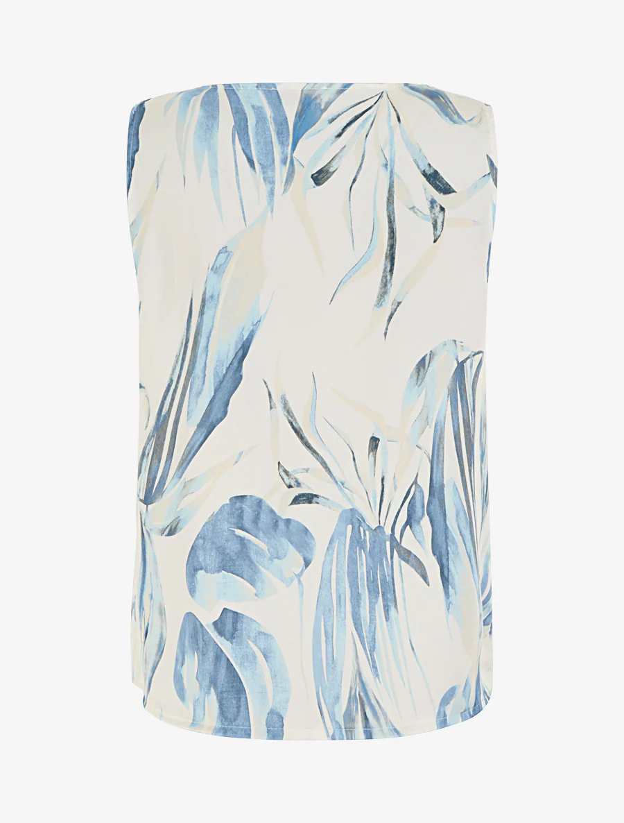 Satijnen top met bladenprint en sierlijke bandjes. - Blauw - Image 2