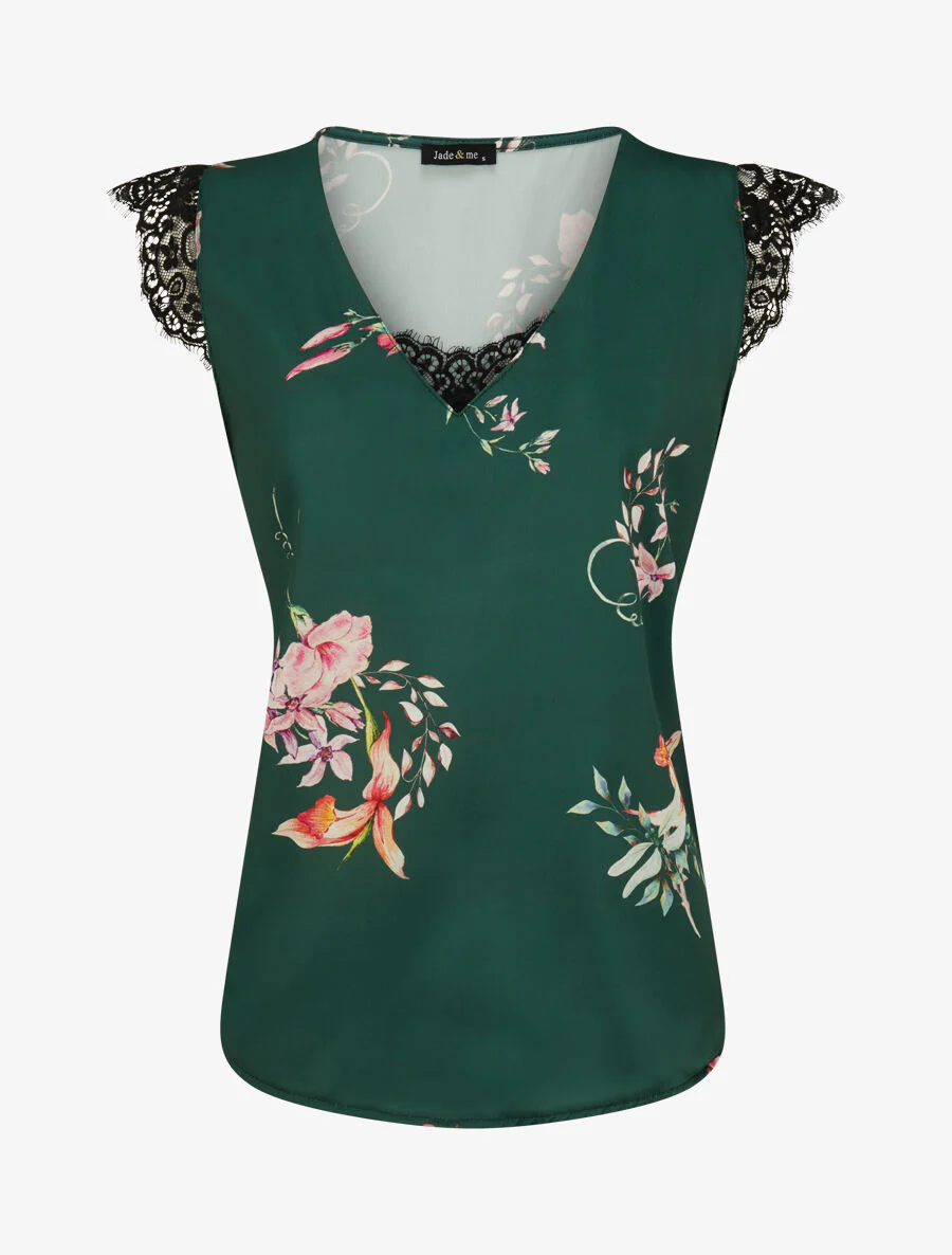 Satijnen top met fleur-de-lis-print en kanten detail - smaragdgroen
