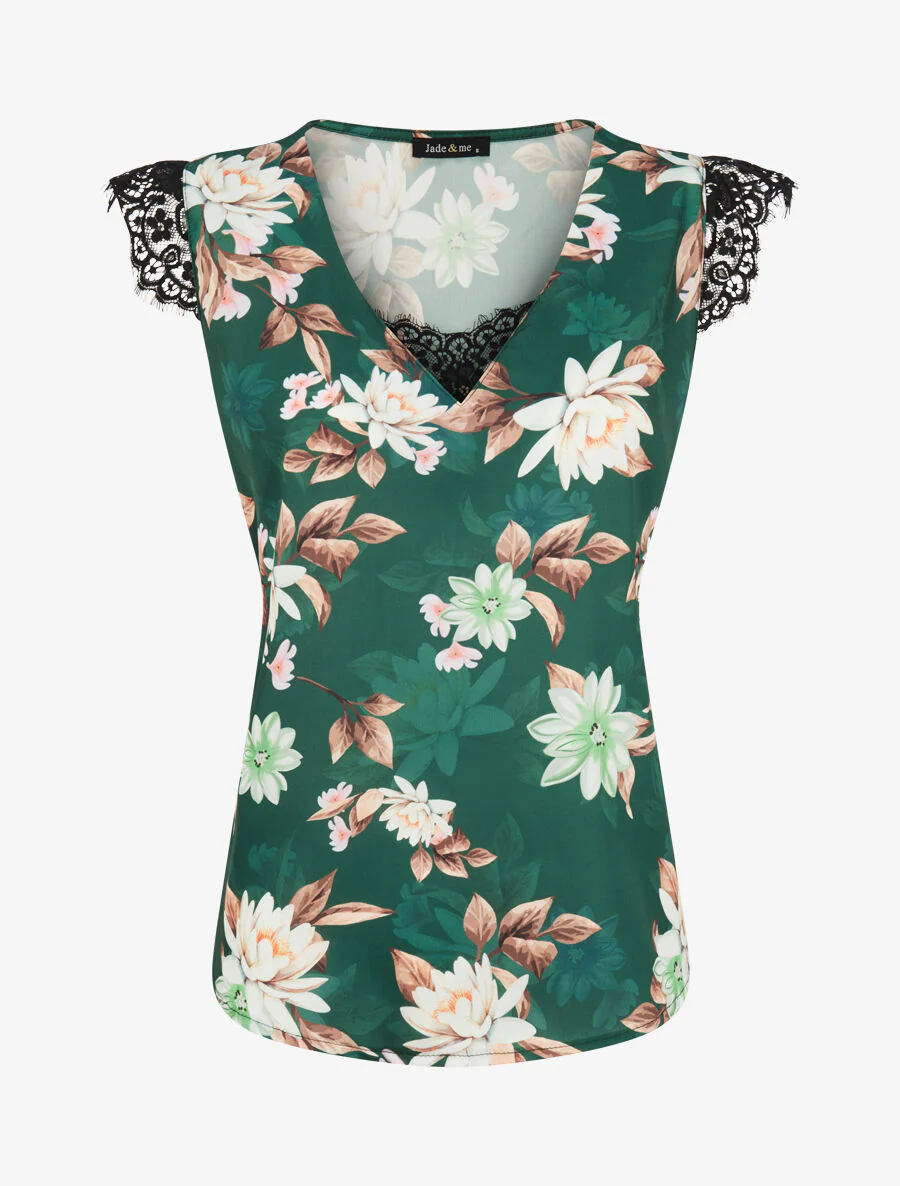 Satijnen top met lotusbloemenprint en kanten detail - Smaragdgroen
