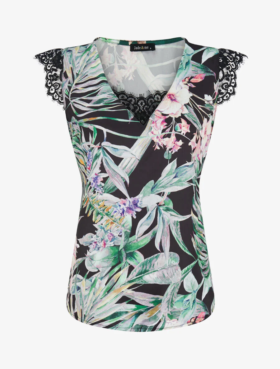 Satijnen top met tropische plantenprint en kanten detail - Zwart