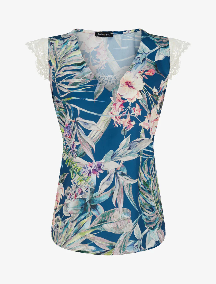 Satijnen top met tropische plantenprint en kanten detail - Blauwgroen