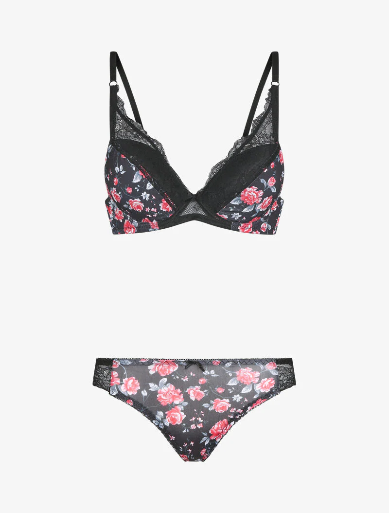 Set bedrukt met bloemen en kant - zwart