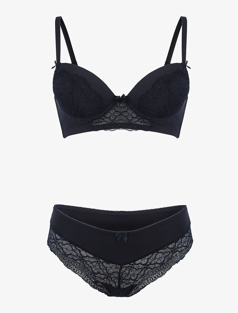 Bustier set met kleine bloemen in kant - zwart
