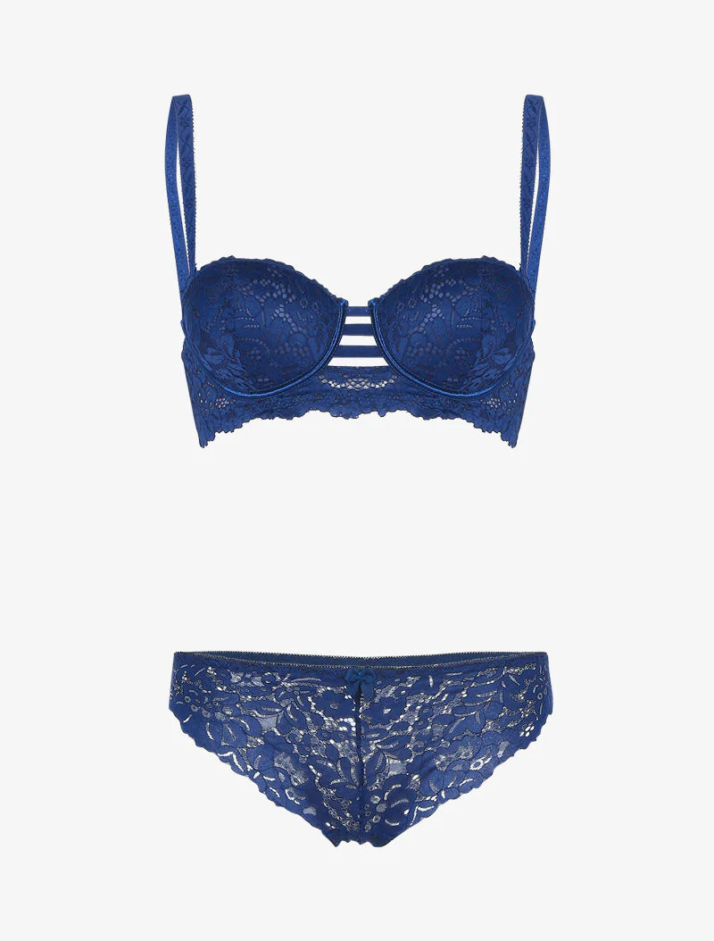 Buste set in geschulpte kant en bandjes - marineblauw