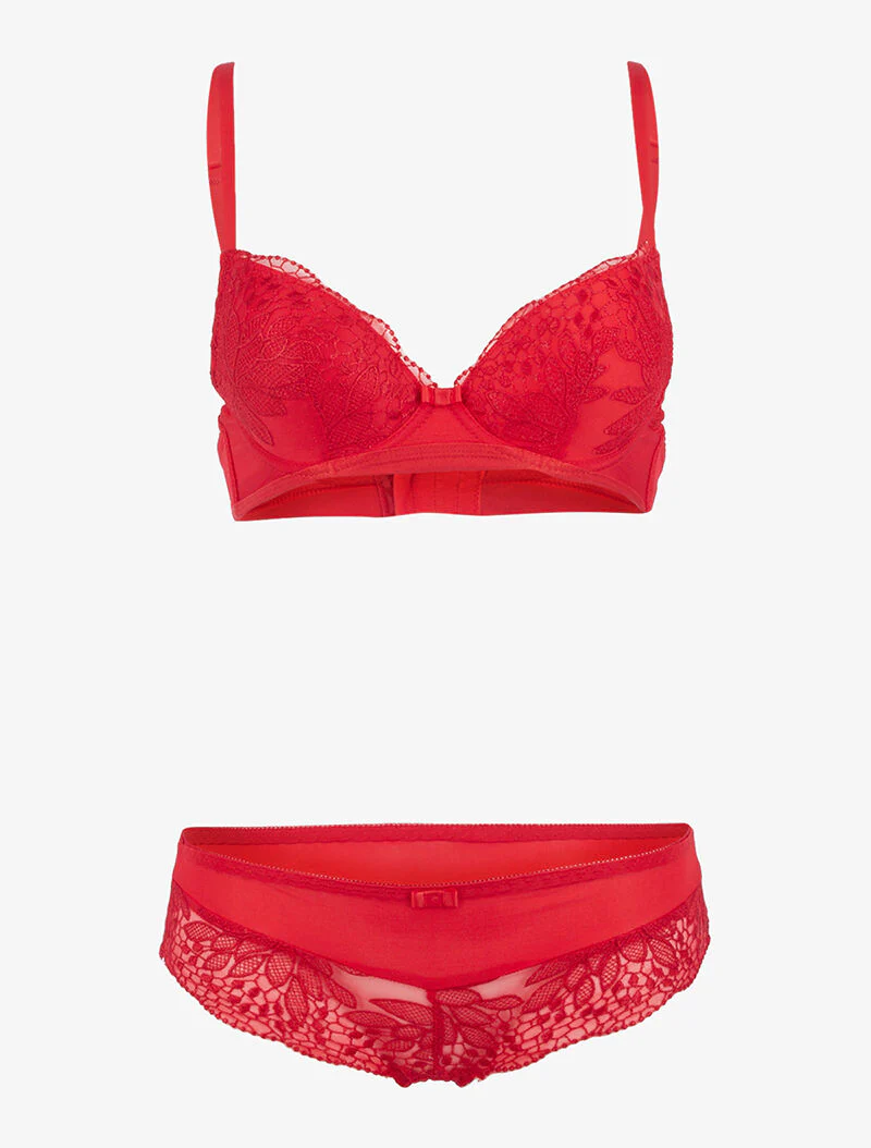 Set met geborduurd bloemenstuk - rood