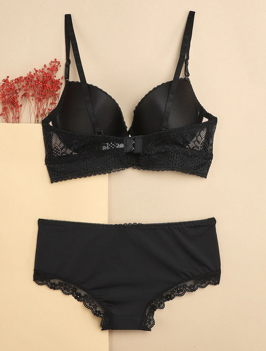 Set met brede boord in geprikte kant en shorty - Zwart/nude - Image 2