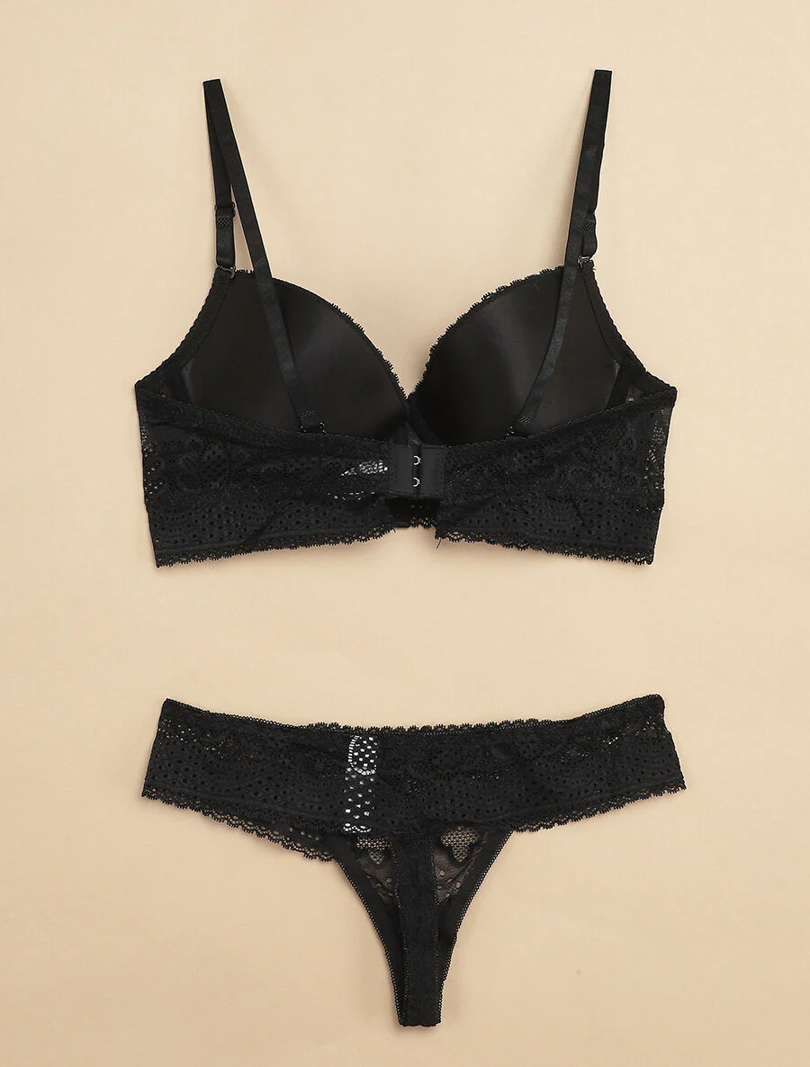 Set met brede boord in geprikte kant en string - Zwart - Image 2