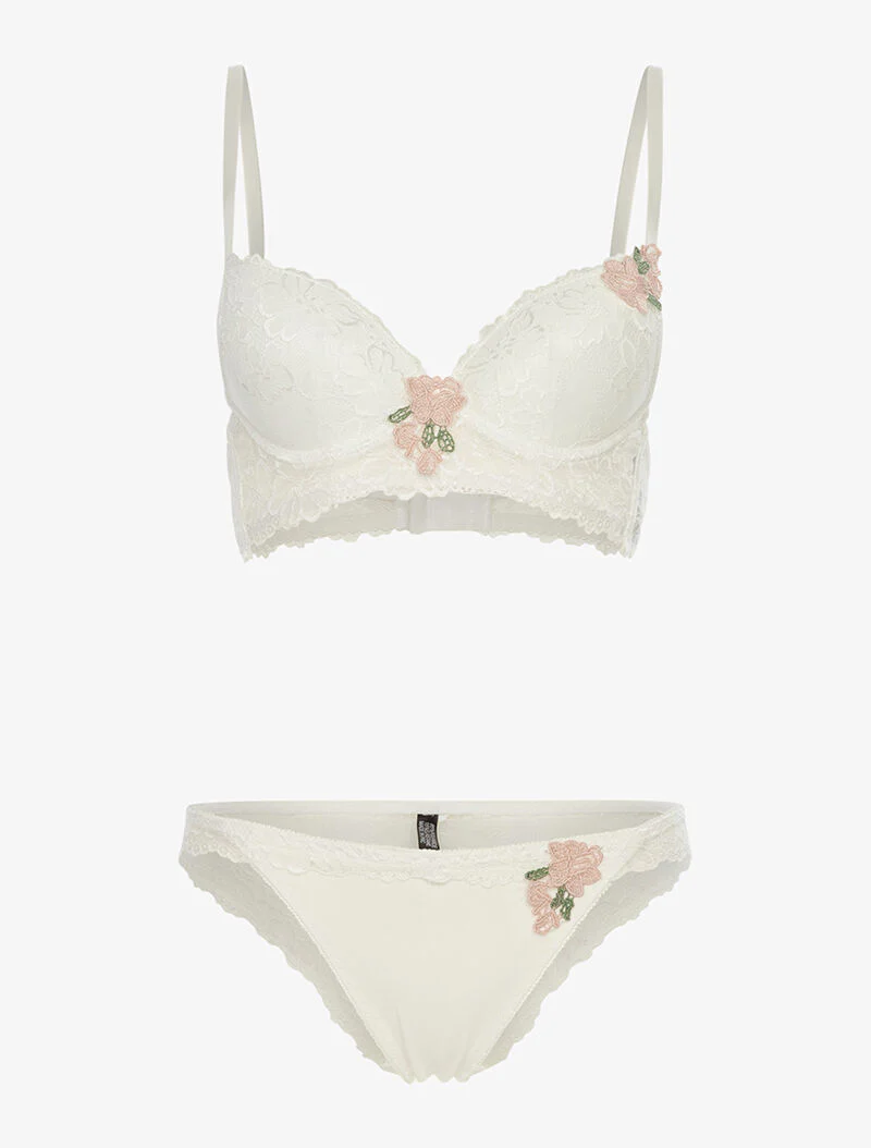 Set SG en string met geborduurde bloemeninzet - wit