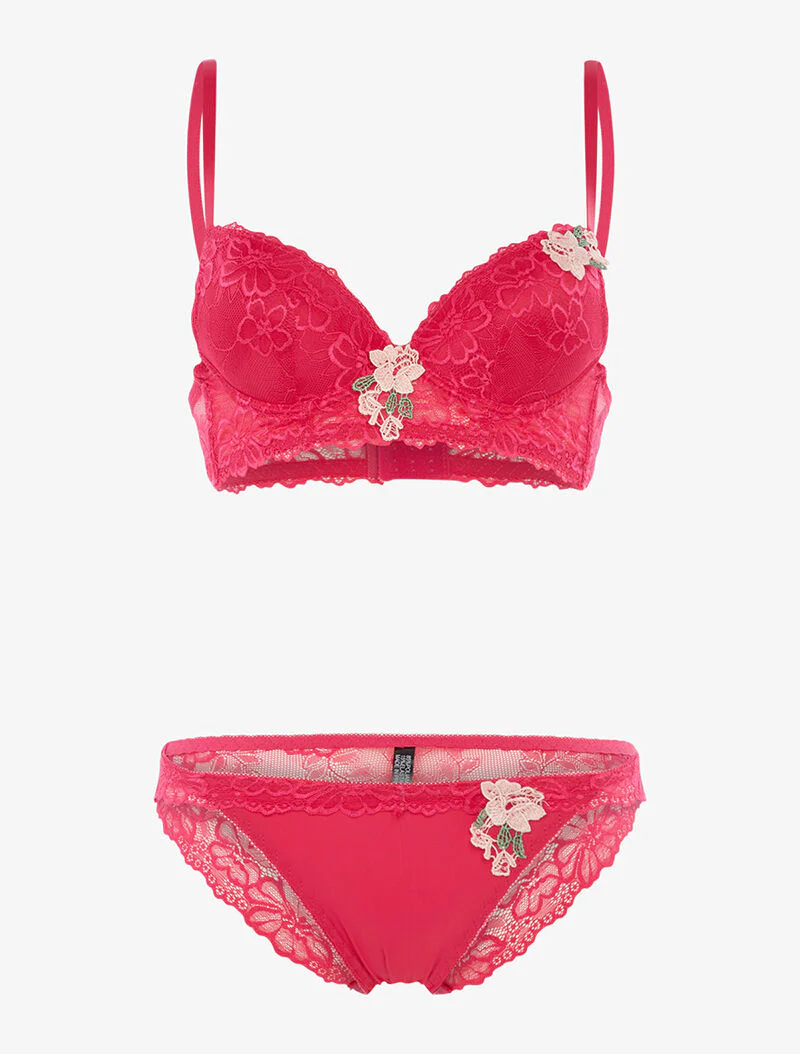 Set SG en string met geborduurde bloemen - fuchsia