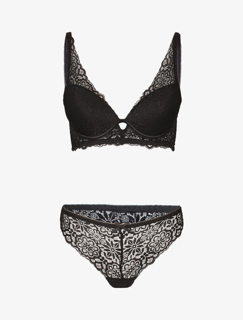 Set van bloemige kanten lingerie met vulling - zwart