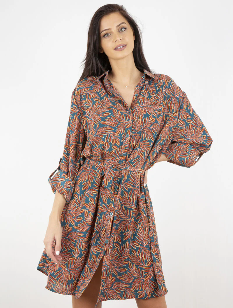 Blousejurk met bladprint - turquoise