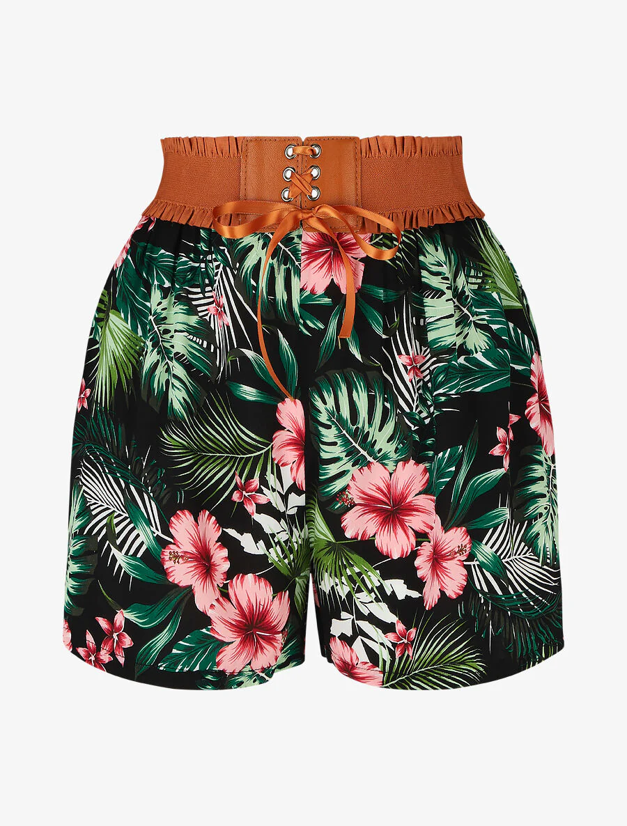 Short met hoge taille in corsetstijl met bloemenprint - zwart
