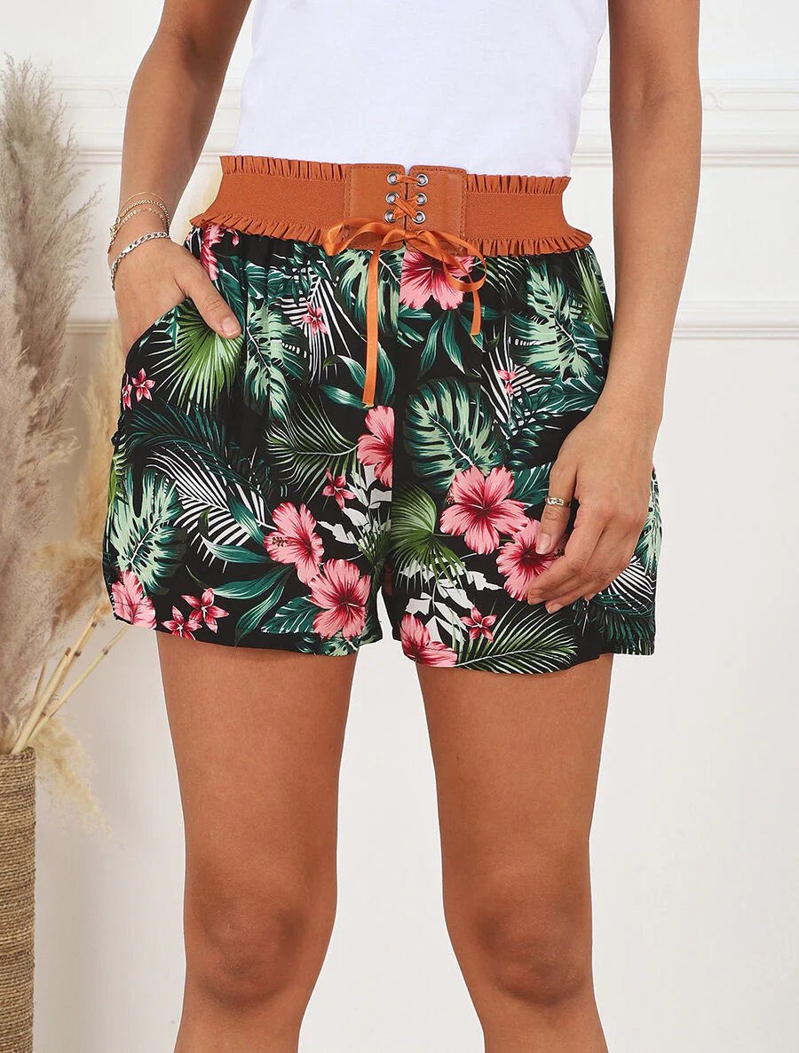 Short met hoge taille in corsetstijl met bloemenprint - zwart - Image 4