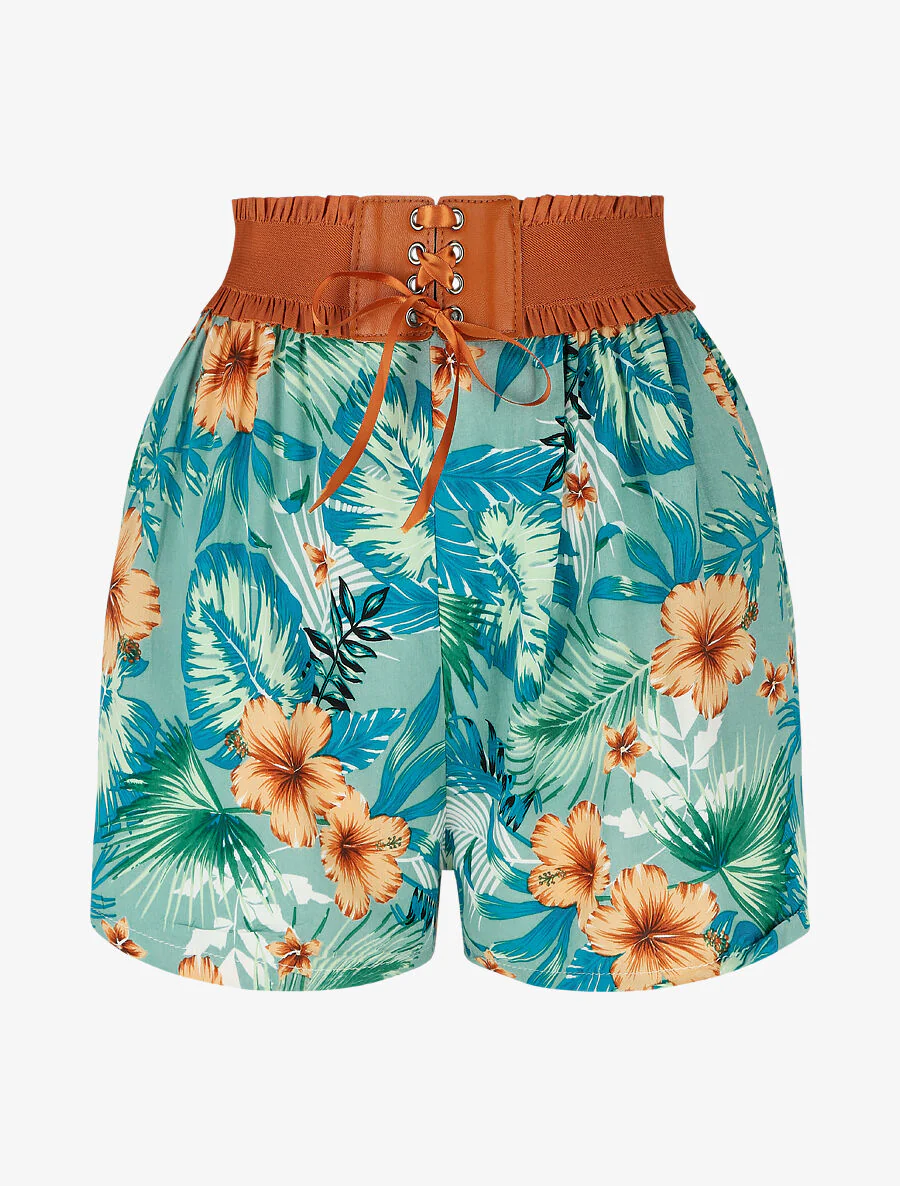Short met hoge taille in corsetstijl met bloemenprint - groen