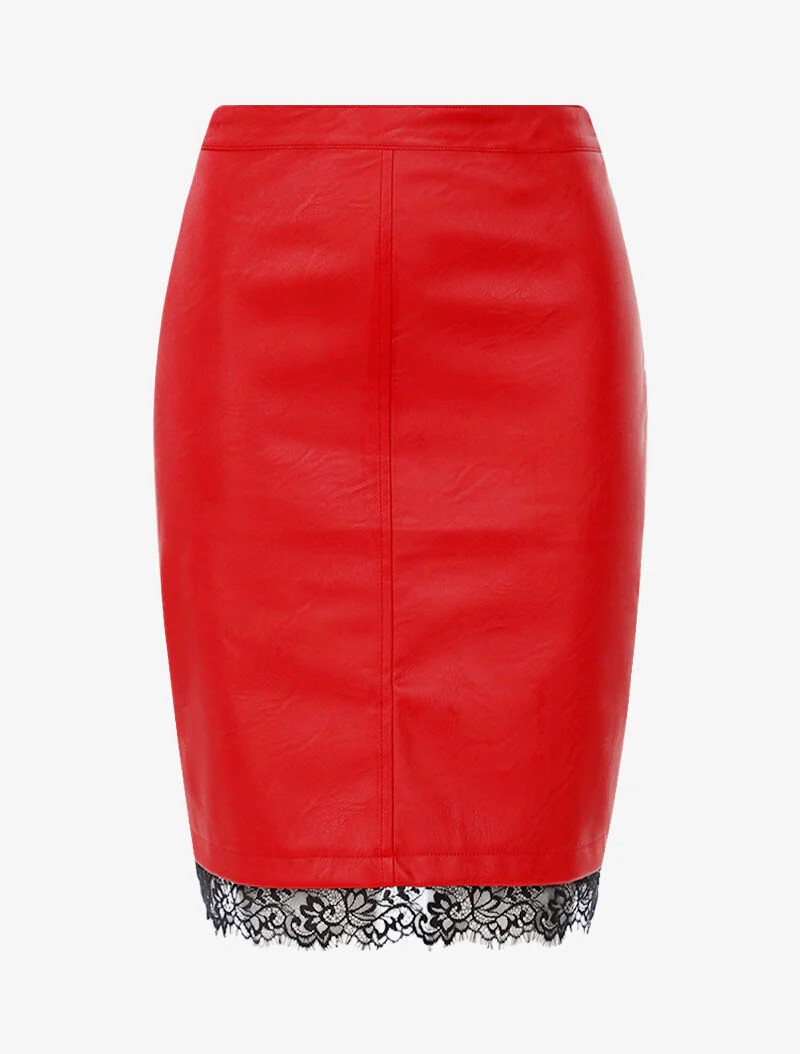 Gespleten rok in imitatieleer met kanten rand - rood