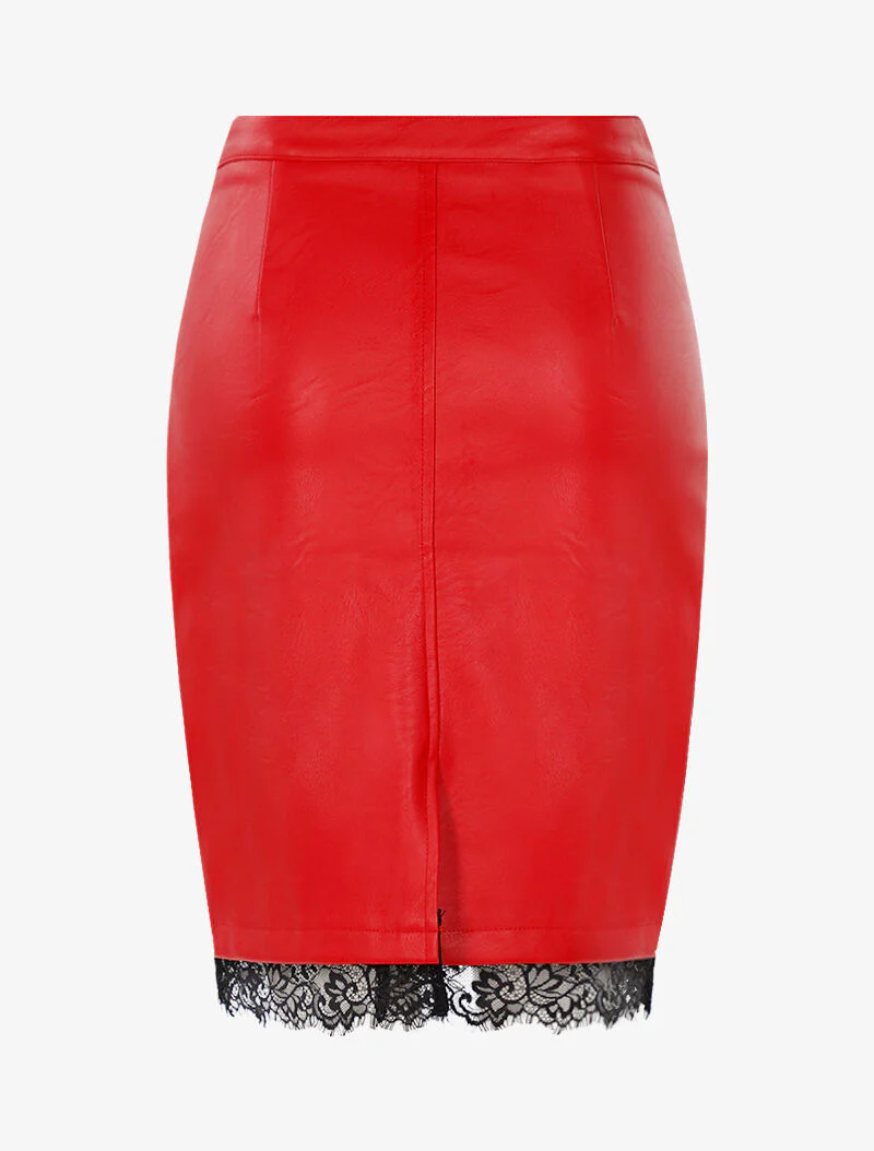 Gespleten rok in imitatieleer met kanten rand - rood - Image 2