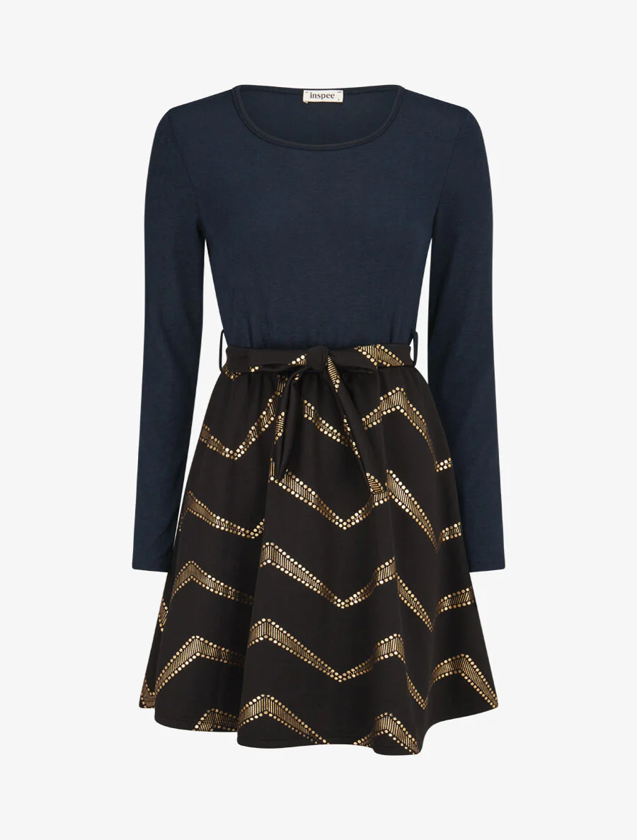 Skaterjurk met gouden print - Marineblauw