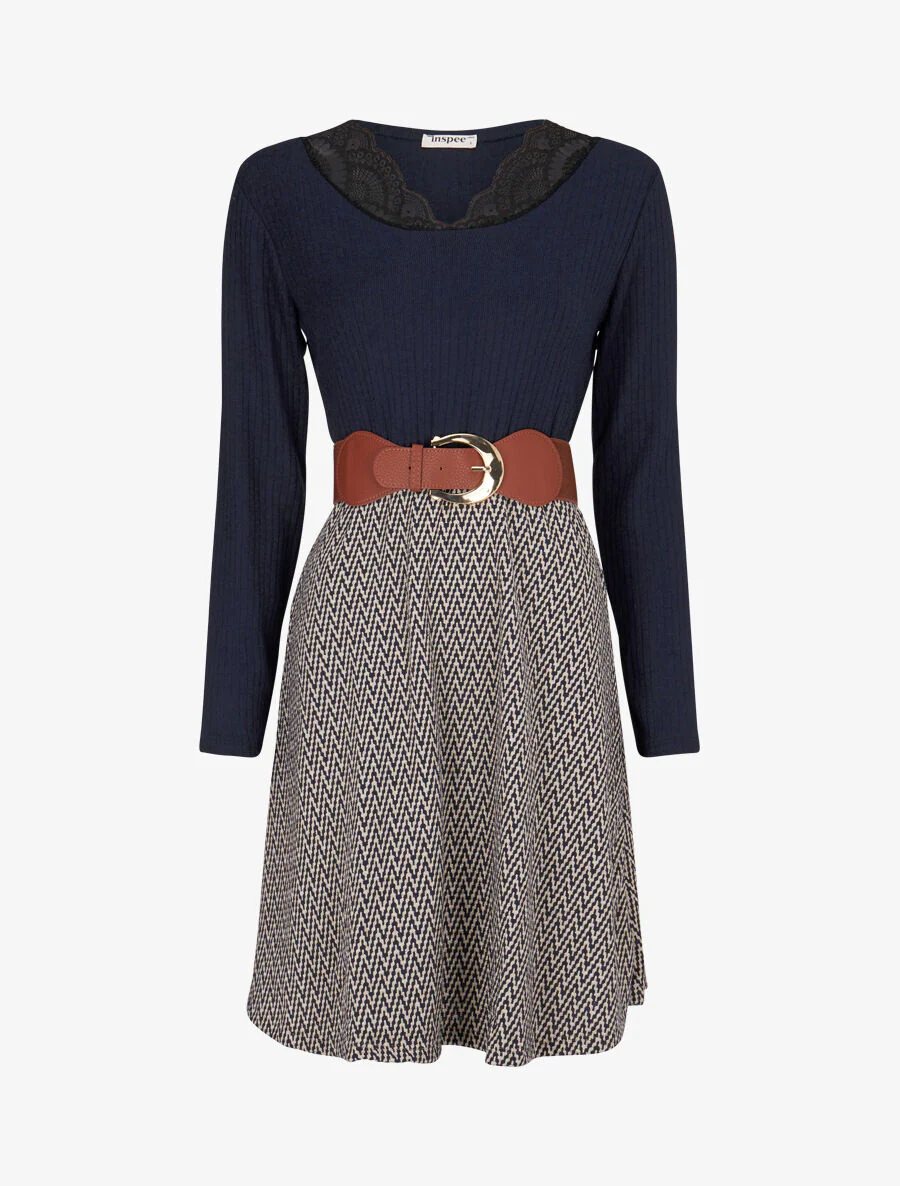 Skaterjurk met iriserende rok en zigzagprint - Marineblauw