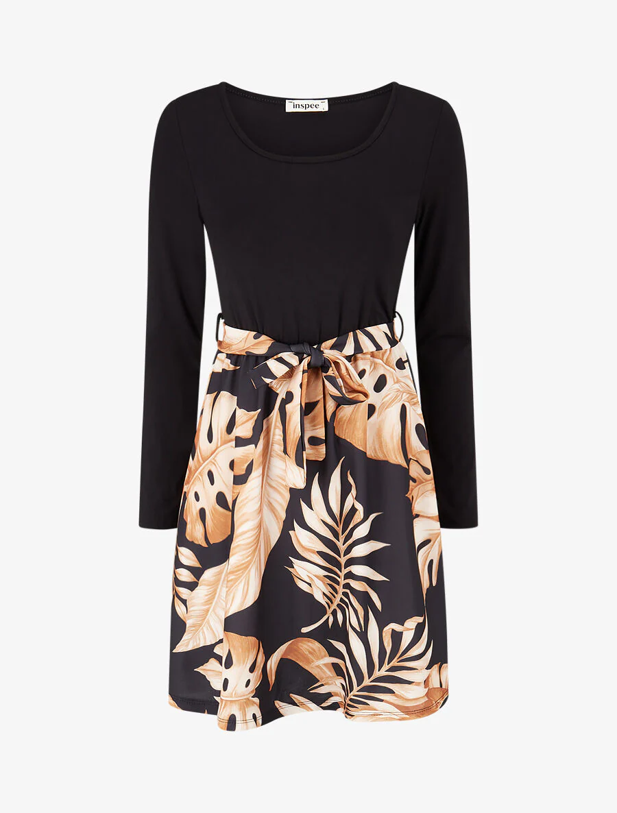 Skaterjurk met rok met tropische print - zwart