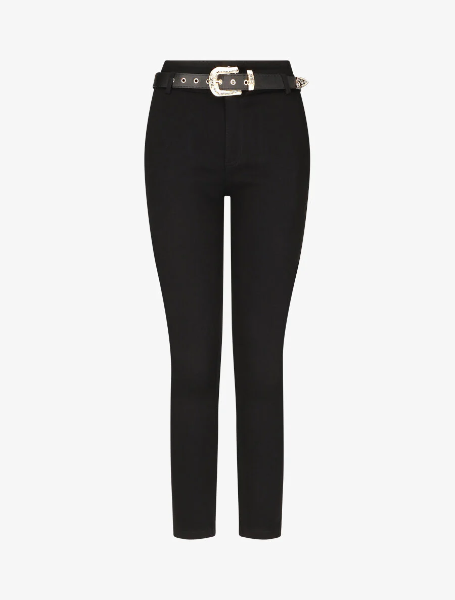 Skinny broek met 2 knopen en riem - zwart