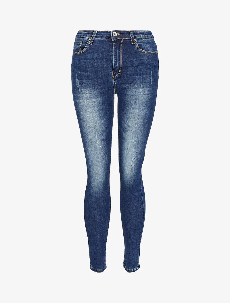 Skinny jeans met hoge taille, gewassen en gescheurd - Blauw denim