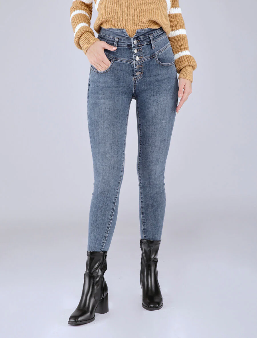 Hoog getailleerde skinny jeans met knopen - Blauw