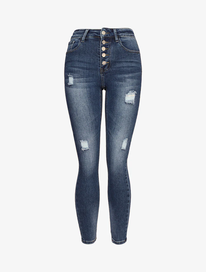 Skinny jeans met hoge taille en knopen met scheuren - Blauw denim