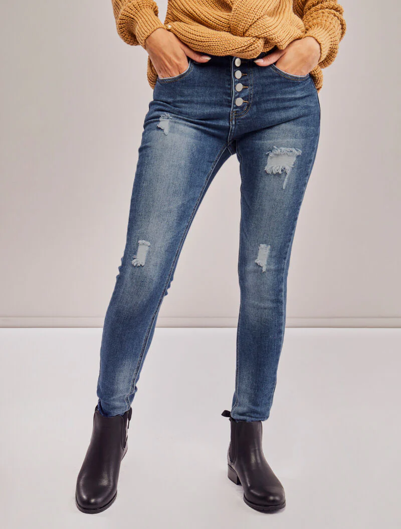 Skinny jeans met hoge taille en knopen met scheuren - Blauw denim - Image 4