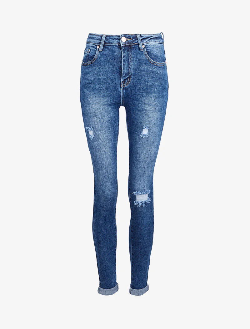 Hoge taille skinny jeans gewassen en gescheurd - Blauw denim - Image 3