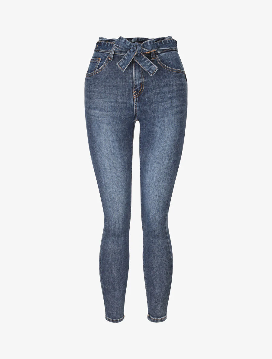 Skinny jeans met strikceintuur - Blauw denim